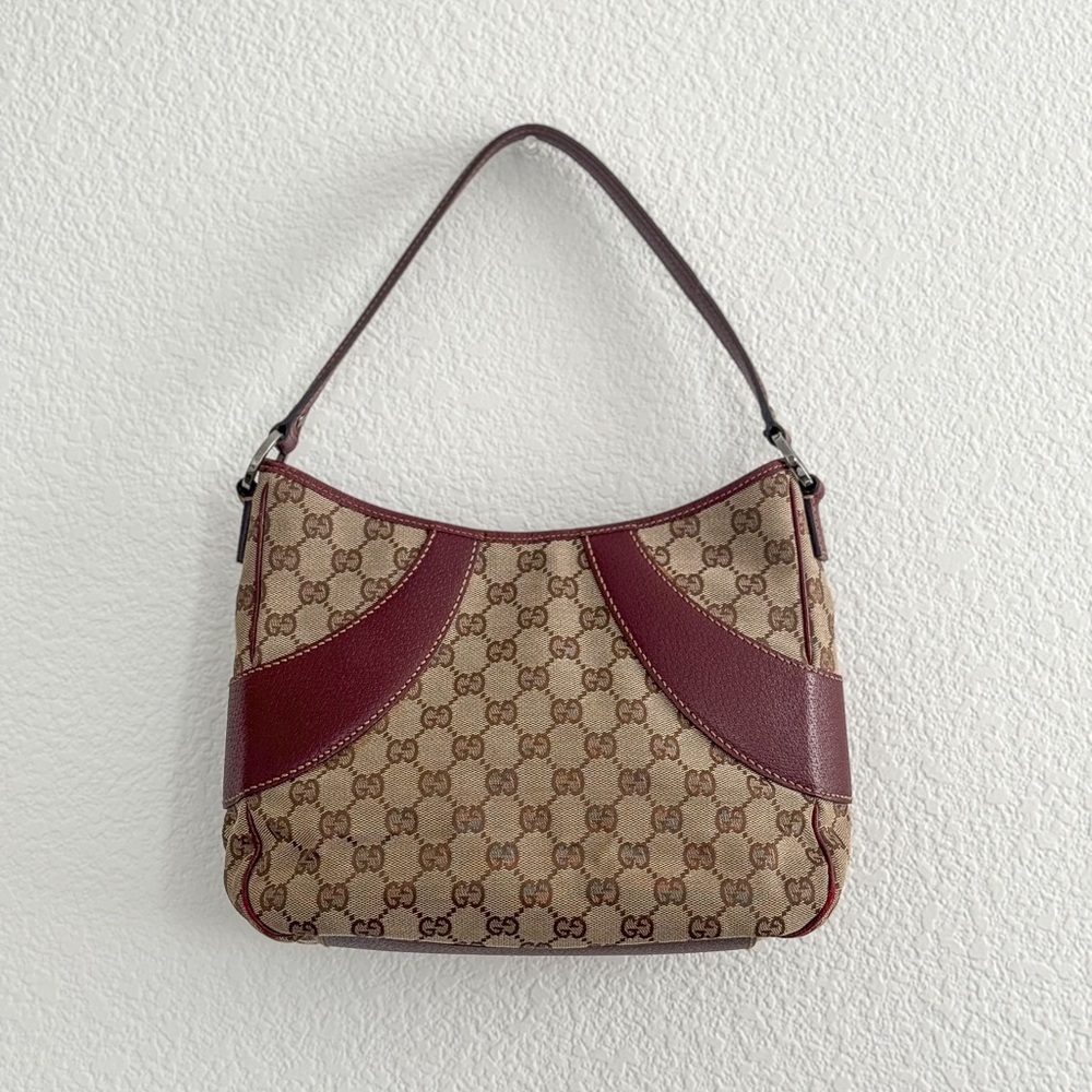 Gucci Canvas Monogram Shoulder Bag with Red Leather Trim